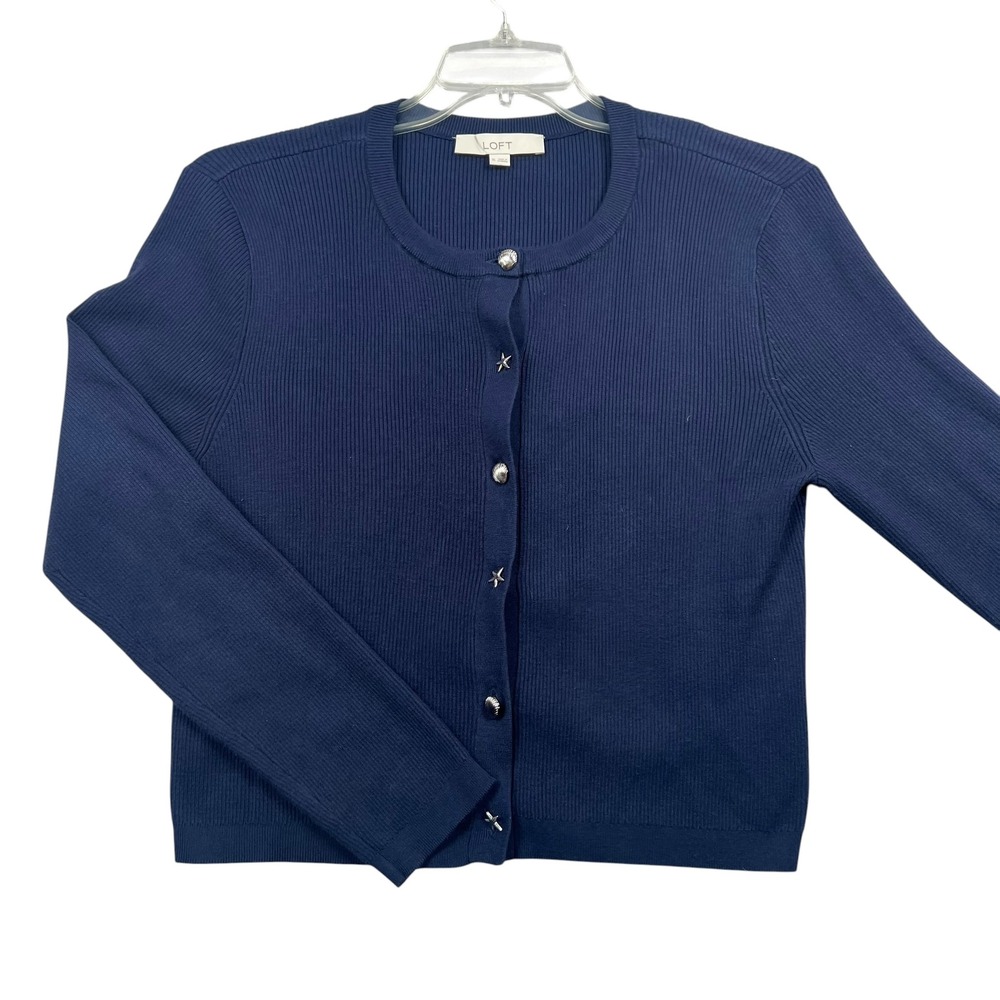 LOFT Cardigan Women XL Navy Blue Ribbed Starfish Seashell Button Sweater